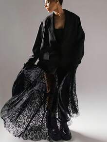 Falda larga holgada y casual de talla grande, estilo sexy, transparente y de encaje A-line, color negro - Negro - Ver 5