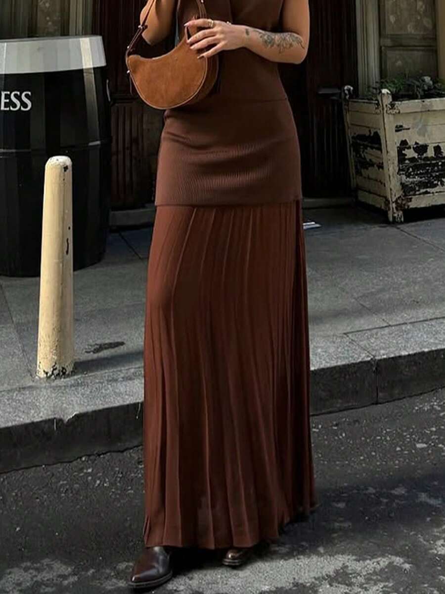 女士优雅拼接高腰拉链及踝长裙时尚拉链松紧腰褶皱长裙 - 薑色 - 查看 1