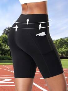 女式高腰弹力收腹提臀瑜伽短裤，带口袋的休闲运动紧身短裤，适合跑步、健身房、锻炼、户外活动 - 黑色 - 查看 2