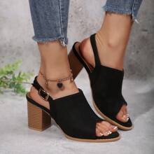 Women's Black Chunky Heel Square Toe Strap Fishmouth Platform Sandals, Versatile And Height-Increasing
