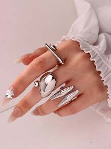Bộ 3 chiếc/Bộ nhẫn hình học bất đối xứng bạc tối giản thời trang, quà tặng lễ hội đa năng cho phụ nữ, trang sức dự tiệc - Nhiều màu - Xem 5