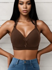 Set de 3 piezas de lencería con sujetador sin aros que levanta y sostiene, unicolor, ropa interior cómoda para uso en el hogar