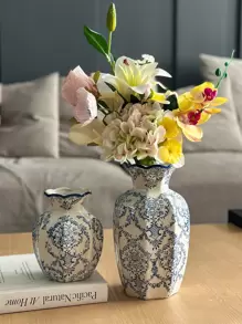 1 قطعة إناء سيراميك، إناء سيراميك فرنسي قديم بزخارف زهرية، تصميم فم موجي دائري، إناء زهور ديكور منزلي أنيق على الطاولة، إناء عالي الجودة، للغرفة المعيشة، إناء زهور المكتب، ديكور، زينة الزفاف - متعدد الألوان - مشاهدة 2