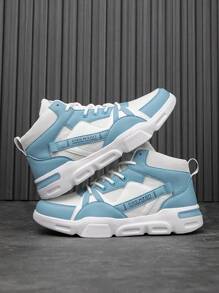 男士时尚拼色仿皮网眼系带字母图案休闲运动鞋，适合所有季节的高帮户外运动鞋，适合青少年的学院风格 - 白月 - 查看 4