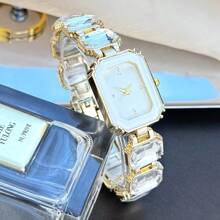 1pc Women's Simple Square Dial Crystal Quartz Watch, Diamond Scale Glitter Band, Stylish For Party