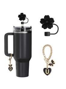 兼容 杯配件 1 件黑粉色吸管盖，用于杯吸管盖，1 件可爱心形字母和圆形字母饰物，适用于 30&40 盎司带手柄玻璃杯，字母饰物配件的长度为 3.94 英寸。个性化字母配件