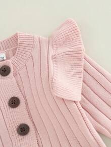 Baby Girls Knitted Long Sleeve Jumpsuit Fashion Solid Color Round Neck Button Long Romper - Pink - View 6