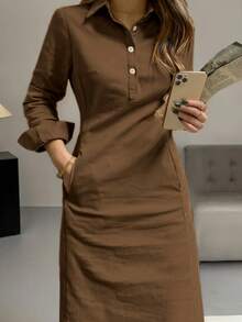 春秋新款时尚优雅翻领纽扣长袖女式阿拉伯连衣裙 - 咖啡棕 - 查看 5