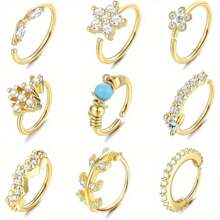 IRONBOX 9Pcs Stainless Steel Nose Ring Hoop Stud Paved CZ Leaf Flower Crawler Nose Ear Cartilage For Women Nose Ear Piercing Hoop