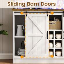 47"Farmhouse Wine Cabinet With 2 Glass Hooks And 9 Wine Racks, Coffee Bar Cabinet With Sliding Barn Door, Buffet Cabinet With LED Light, White/Wash Gray/Dark Oak