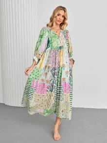 女士波西米亚灯笼袖长款连衣裙，时尚V领系带腰袋随机印花长款连衣裙，女士情人节派对服装，女士节日服装 - 綠色 - 查看 6