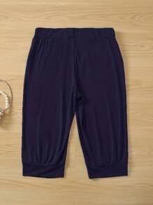 Plus Size Women Casual Solid Color Drawstring Waist Pants Summer - Navy Blue - View 2
