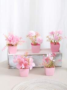 1pc Simulated Plant Potted /5pcs Potted Combination Home Porch Bedroom Bathroom Bookcase Windowsill Mini Cute Pink Party Decoration Aesthetics, Valentine Day, Gift Gifts Birthday Graduation - Pink - View 22