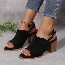 Women's Black Chunky Heel Square Toe Strap Fishmouth Platform Sandals, Versatile And Height-Increasing