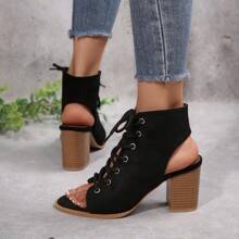 Women's Fashion Peep Toe Lace-Up Thick Heel Black Sandals, Versatile & Heightening