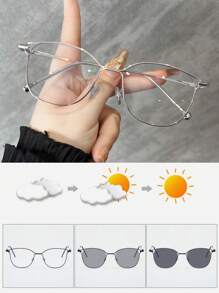 1pc Metal Cat-Eye Hollow Frame Ultra-Light Decoration Mirror, Multi-Purpose Indoor Computer Mirror & Outdoor Photochromic Fashion Glasses For Summer Beach Vacation,Outdoor,Travel - Transparent to Black - View 16