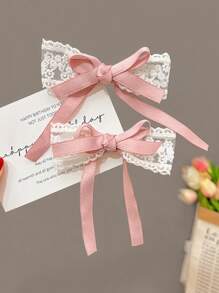 2pcs Lace Bow Ribbon Hairclips, Cute Dual Ponytail Side Clips For Girls - Multicolor - View 2