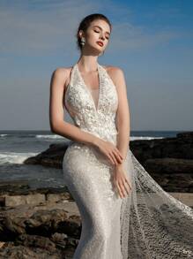 Summer Luxurious Floral Lace Beaded Embroidery Halter Deep V-Neck Sequin Backless Bohemian Wedding Dress For Bride - White - View 4