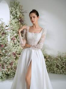 Elasola Glamorous Square Neck Beaded Lace Floral Lace Patchwork Satin Split Thigh Garden Party Sheer Long Sleeve Palace Style Wedding Dresses For Bride With Train