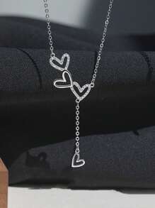 1pc 925 Sterling Silver Triple Heart Tassel Pendant Necklace, Elegant & Sexy Neck Jewelry, Suitable For Wedding, Party, Bride Gift, Valentine's Day Gift - Heart Necklace - View 6