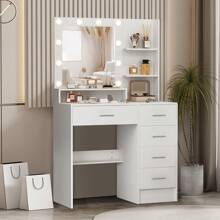 Bedroom Vanity Set Led Lighted Mirror Makeup Dressing Table Dresser 5 Drawer - White - View 5