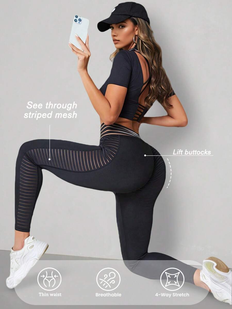 Women's High Waist Yoga Leggings, Slim Fit Workout Tights For Fitness, Commute, Casual, Butt Lifting, Outdoor Running - Black - View 1