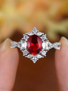 1 件奢华纯银 2ct 椭圆形切割红宝石交叉戒指，女士新娘订婚结婚周年纪念生日礼物 - 紅色 - 查看 3