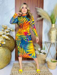 Women Midi Dresses - 橙色和藍色的葉子 - 查看 2