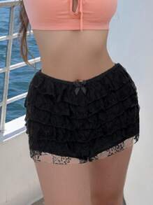 Women's Lace Bloomers Shorts Mini Bow Low Waist Tiered Ruffled Bodycon Short Pants