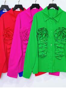 Ladies Blouse With Rose Detail On The Chest And Coloured Rhinestones To Stylise The Model. Available In 6 Shades, Sizes S, M And L. - Pink - View 2