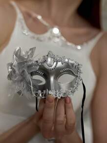 1pc Elegant Black Carnival Masquerade Mask With Ribbons, For Costume Ball And Decorations With Feathers, Lace Trim, Party Fancy Mask, Women Accessories For Summer