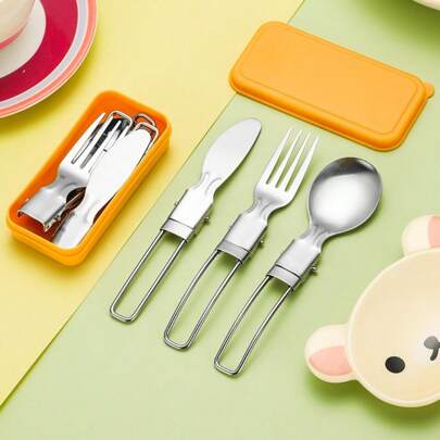 4pcs Portable Stainless Steel Foldable Cutlery Set, Including Spoon, Knife And Fork, For Picnic, Outdoor And Camping Use,School Supplies