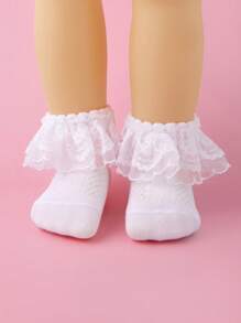 4 Pairs Baby/Toddler Girls Solid Color Lace Trim Mesh Breathable Soft Socks, Suitable For Daily Wear Or Valentine's Day Outfit - White - View 10