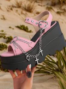 Y2K Style Punk Gothic Style Cross Chain Pink Platform Sandals For Women Summer Casual Wedge Heel For Outdoor & Casual Wear In Summer - Hồng - Xem 6