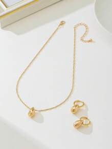 1pc Vintage Metallic Minimalist Teardrop Pendant Necklace & 1 Pair Of Creative Round Teardrop Hoop Earrings Set For Women, Daily Wear And Commute - Yellow Gold - View 3