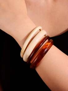 4 件/套白色和棕色扎染圆形树脂手镯，简约多层百搭复古优雅女士珠宝 - 彩色 - 查看 2