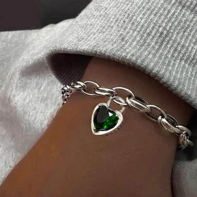 1 Peça Pulseira de Prata 925 com Coroa e Coração de Cubic Zircônia Verde, Elegante e Estiloso Presente para Mulheres, Adequado para Uso Diário