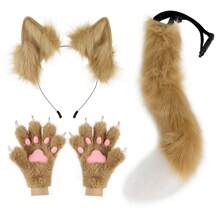 Fox Wolf Ears Headband Furry Tail Plush Cat Paw Mittens Gloves Set Halloween Party Cosplay Costumes Accessories, Rave