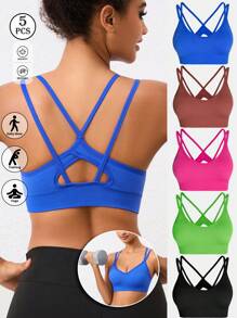 5pcs Women's Criss-Cross Back Support Sports Bras, New Spring/Summer Yoga & Fitness Lightweight Strap Sports Tops For Gym - 彩色 - 查看 1