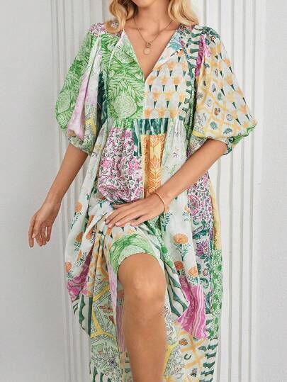 Women's Bohemian Lantern Sleeve Maxi Dress Fashion V Neck Tie Pockets Random Patchwork Printed Dress