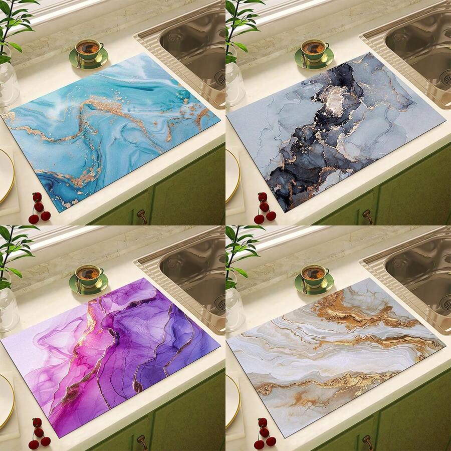1 pieza Tapete absorbente y resistente a las manchas para secar platos con estampado de flores y mármol, con respaldo de goma antideslizante, multiusos para secado en la cocina, para cafeteras, cuencos y estantes de platos