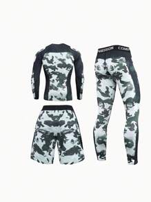 3pcs Outdoor Sports Fitness Running Quick Dry Breathable Workout Basketball Cycling Camo Pattern Milk Silk Close-Fitting Morning Running Suit For Spring And Summer Workout Sets