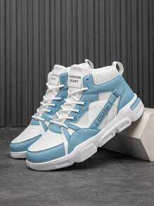 男士时尚拼色仿皮网眼系带字母图案休闲运动鞋，适合所有季节的高帮户外运动鞋，适合青少年的学院风格 - 白月 - 查看 3