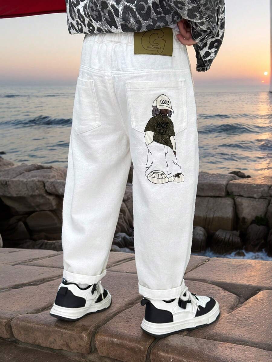 男童春季时尚后口袋卡通刺绣弹力牛仔裤 - 白色 - 查看 1