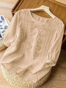Women's Loose Retro Embroidery Pullover Tops, Spring/Summer - Khaki - View 7