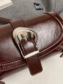 1pc Coffee PU Motorcycle Crossbody Bag, Niche Chic Sweet Hot Girl Design Shoulder Bag, High-End Quality Versatile Baguette Handbag