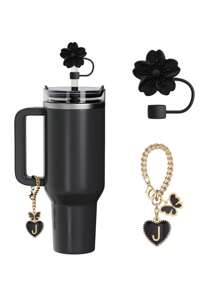 兼容 杯配件 1 件黑粉色吸管盖，用于杯吸管盖，1 件可爱心形字母和圆形字母饰物，适用于 30&40 盎司带手柄玻璃杯，字母饰物配件的长度为 3.94 英寸。个性化字母配件