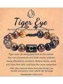 1pc First Letter Bracelet For Men, Letter Link Handmade Tiger Eye Black Agate Stone Bead Woven Rope, Meaningful Bracelet, Birthday Father's Day Gift For Men, Husband, Father