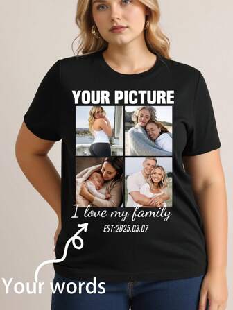 Plus Size Personalized Custom Photo Loose T-Shirt, Women's Minimalist Clothing, Customized Friends/Couple/Pet/Sister/Self-Portrait/Photo Print, Custom Graphic Casual Sports T-Shirt, Group Uniform Customization, BBW Clothing, Surprise Gift, Birthday Gift, Wedding Gift, Mother's Day Gift, Best Friend Gift, Anniversary Gift, Valentine's Day Gift, Gift For Her, Women's Tops, Music Festival, Party Gift