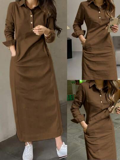 Vestido árabe de mujer de manga larga con solapa y botones, de moda elegante para primavera y otoño